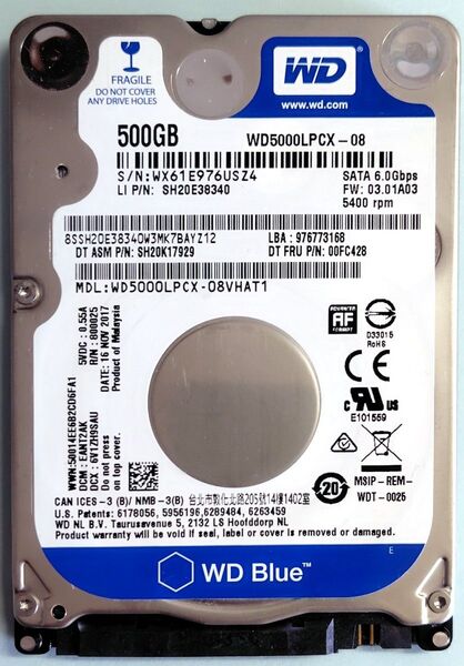 Western Digital 500GB 2.5inch HDD WD5000LPCX-08VHA 正常判定 12853時間
