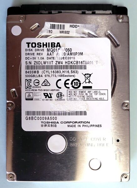 TOSHIBA MQ01ABFD050 2.5インチHDD 500GB 4124時間 正常判定