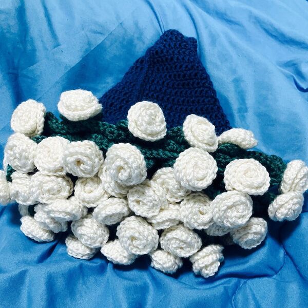 ハンドメイド バラ 花束 ブランケット ひざ掛け マルチカバー ブーケ 薔薇 手編み かぎ編み かぎ針編み 編み物 母の日