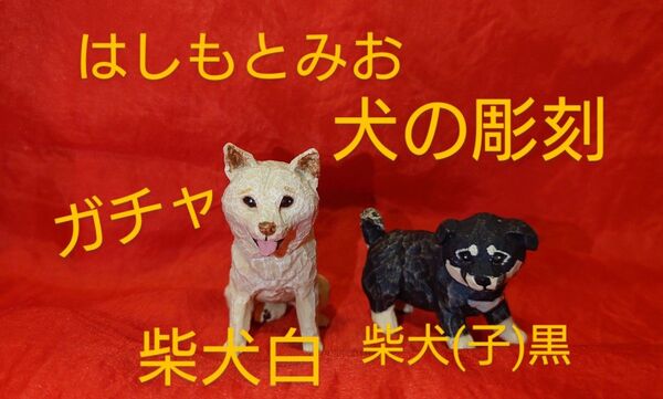 はしもとみお 犬の彫刻 柴犬(子)黒 柴犬白 2点 木彫り彫刻家 犬雑貨 ガチャ 奇譚クラブ