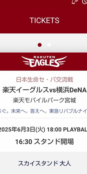 楽天イーグルス vs DeNAベイスターズ 招待券2枚 6/3(火)
