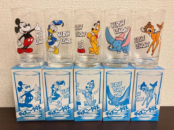◎未使用◎ ディズニー グラス 5個 コンプ セット キリンレモン ミッキー ドナルド プルート 等 レトロ コップ 当時物