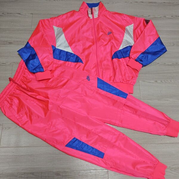 80s 90s ナイキNIKE 上下 ウィンドブレーカー ピンク/ブルー レトロ セットアップ ジャージ 桃色青 ビンテージY2K