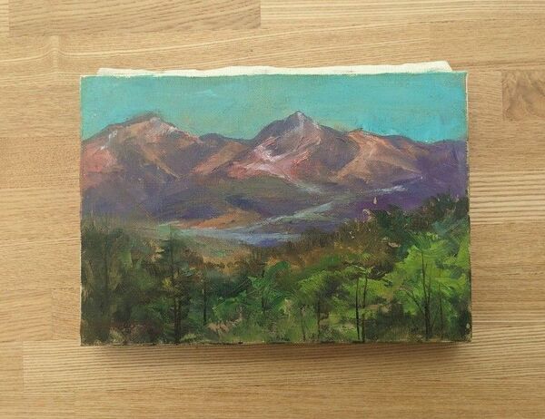 坂井光子作 岳早春 山景色 油彩画 木製フレーム 油彩 風景画