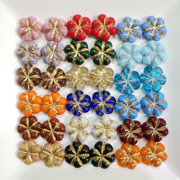 チェコビーズ 6弁花 デザインフラワー 約15mm 2個×18色=36個