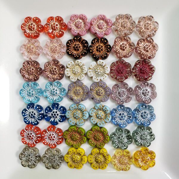 チェコビーズ プラムフラワー 花 14mm 2ケ×21色=42ケ