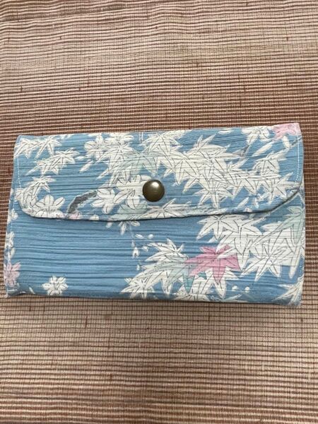 ハンドメイド 財布 和風 青 ピンク 白 模様 ボタン