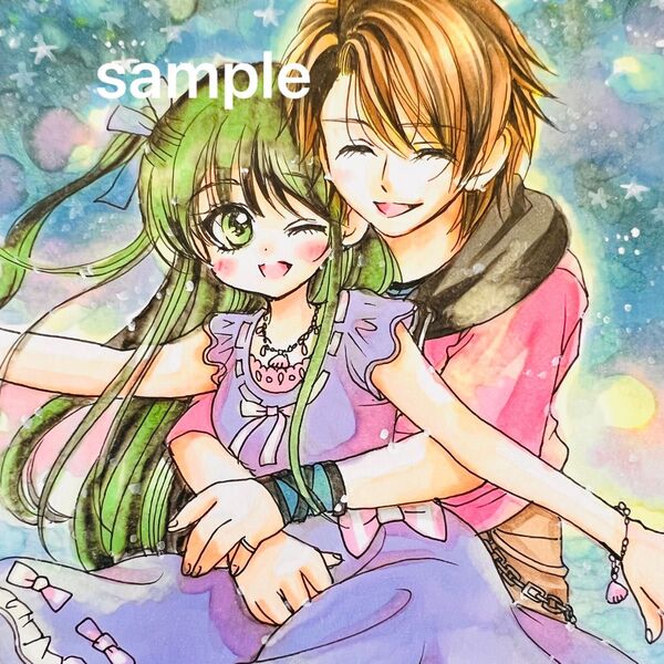 手描き★オリジナルイラスト★夜空と海辺のカップル 男の子と女の子