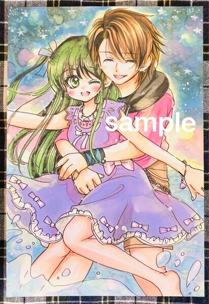 手描き★オリジナルイラスト★夜空と海辺のカップル 男の子と女の子