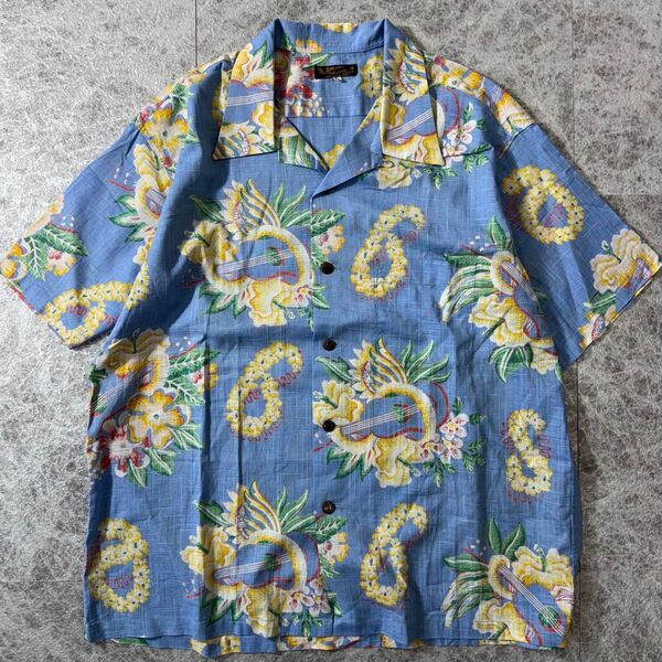 極美品 サンサーフ SUN SURFコットンリネン オープンカラー アロハシャツ ブルー XL 総柄