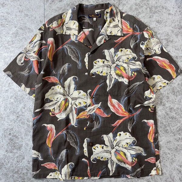 極美品 サンサーフ オープンカラー コットンリネン アロハシャツ グレー L SUN SURF CATTLEYA ORCHID