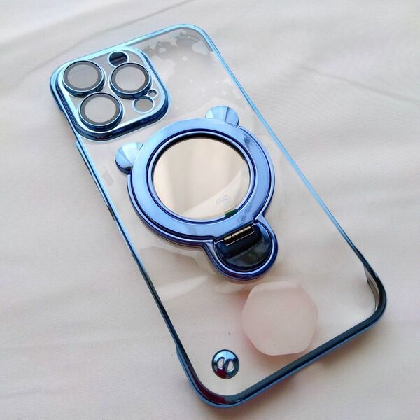 iPhone 15Pro Max スマホケース 鏡付 MagSafe対応 スタンド機能 ブルー