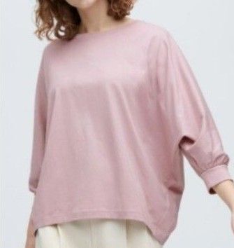 【UNIQLO】スムースコットンボリュームスリーブTシャツ 7分袖 ピンク XL