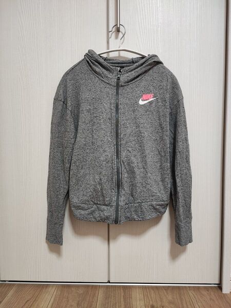 NIKE ジップアップパーカー ピンクロゴ グレー