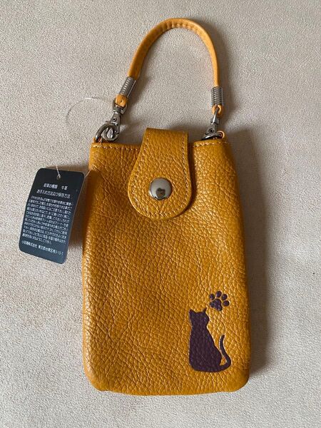 新品 牛革 猫ちゃんデザイン スマホ、小物入れ