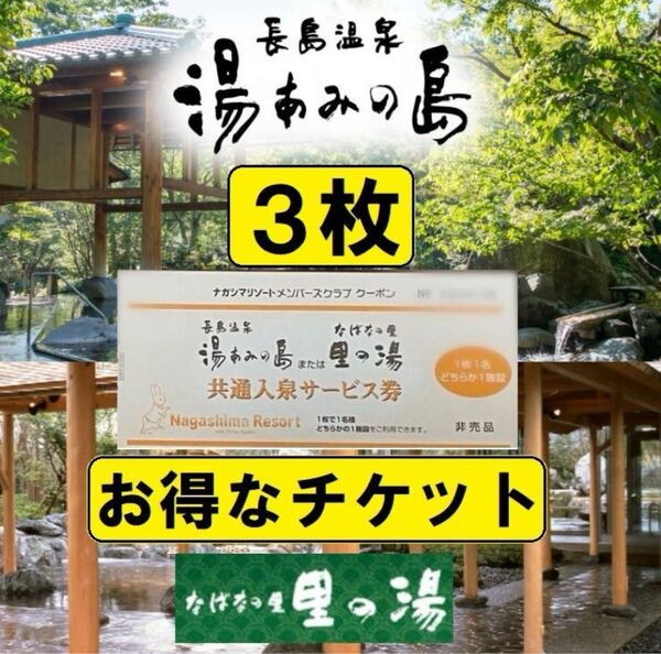 【3枚】湯あみの島《里の湯》共通入泉サービス券 2028年2月29日まで有効【ナガシマリゾート】長島温泉 チケット 入園券 お得