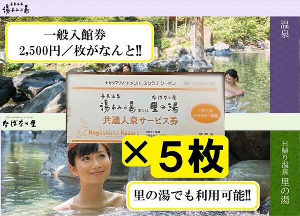 【5枚】湯あみの島(里の湯)共通入泉サービス券 2028年2月29日まで有効【ナガシマリゾート】長島温泉 チケット 入園券 お得