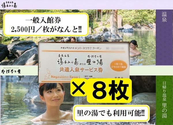 【8枚】湯あみの島(里の湯)共通入泉サービス券 2028年2月29日まで有効【ナガシマリゾート】長島温泉 チケット 入園券 お得