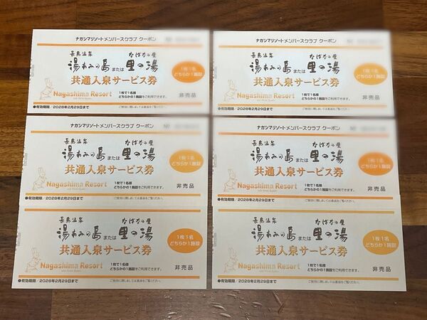 【6枚】湯あみの島《里の湯》共通入泉サービス券 2028年2月29日まで有効【ナガシマリゾート】長島温泉 チケット 入園券 お得