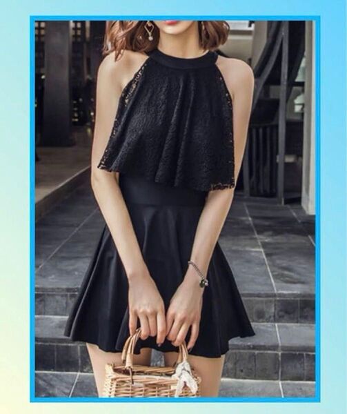 ★★最終価格・19日値上げ★★水着 ワンピース 着痩せ 美シルエット 2way 体型 二の腕 胸元カバー ゆったり ブラック XL