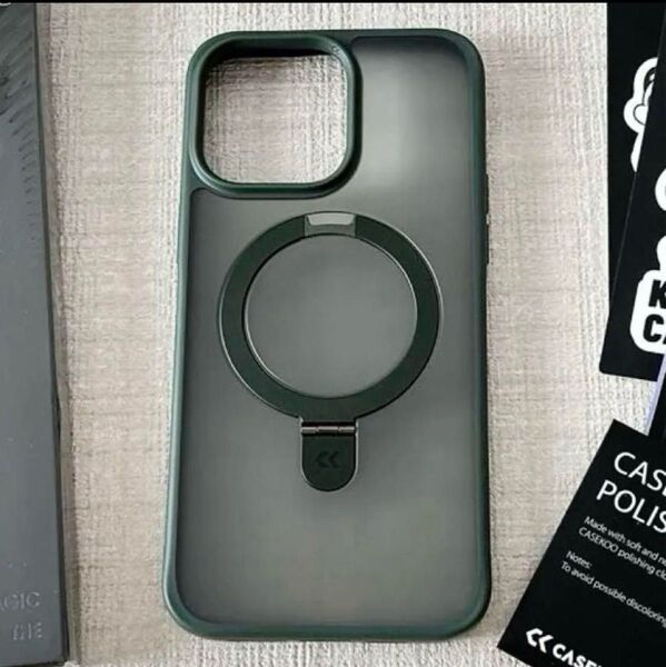 CASEKOO iPhone 14 Pro Max 用 ケース 隠しスタンド 緑 クリアグリーン