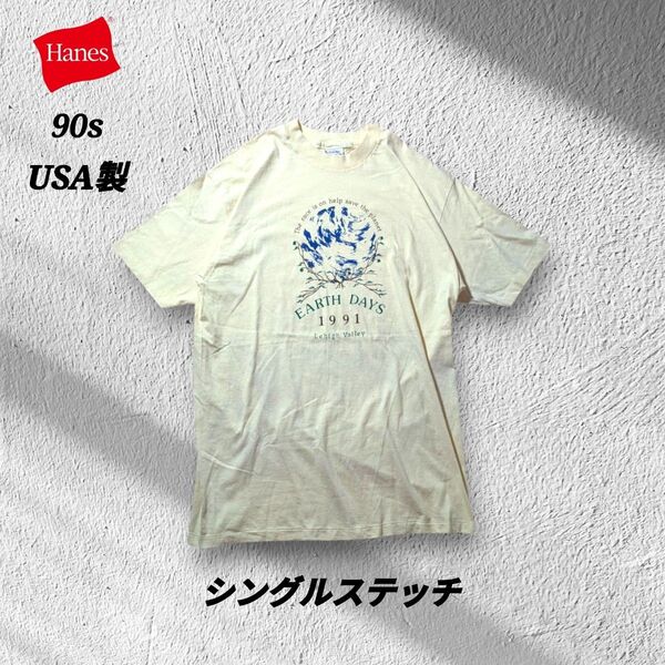 90sUSA製Hanesヘインズシングルステッチヴィンテージ半袖Tシャツくすみ系