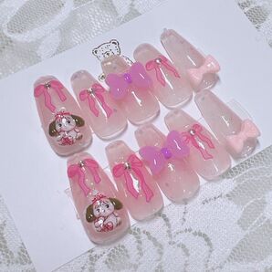 ネイルチップ 付け爪 ロングバレリーナ リボンネイル ピンクネイル