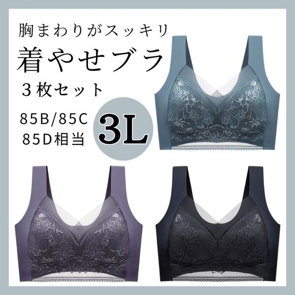 【3L】胸をスッキリ見せるブラ 3枚 シームレス ノンワイヤー ナイトブラ着痩せ