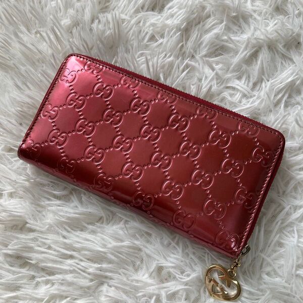 美品 GUCCI グッチ グッチシマ ラブリーハート 長財布 ラウンドファスナー パテントレザー ウォレット ピンク レディース