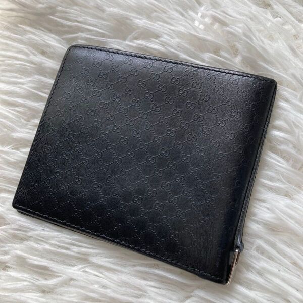 美品 GUCCI グッチ マイクロGG 二つ折り財布 ウォレット レザー 黒 ブラック シルバー金具 メンズ レディース