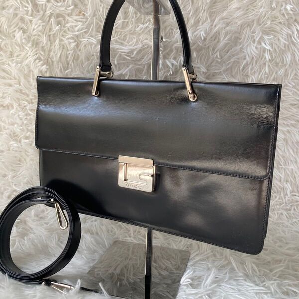 美品 希少 GUCCI グッチ 2way ハンドバッグ ロゴ レザー 黒 ショルダーバッグ バック シルバー金具 レディース