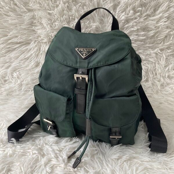 極美品 PRADA プラダ リュック 巾着 テスートナイロン バックパック バック 三角ロゴ トライアングルロゴ カーキ 正規品