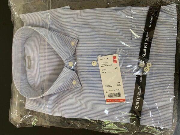 未使用、未開封 ユニクロ ファインクロススリムフィットストライプシャツ L 45 Blue