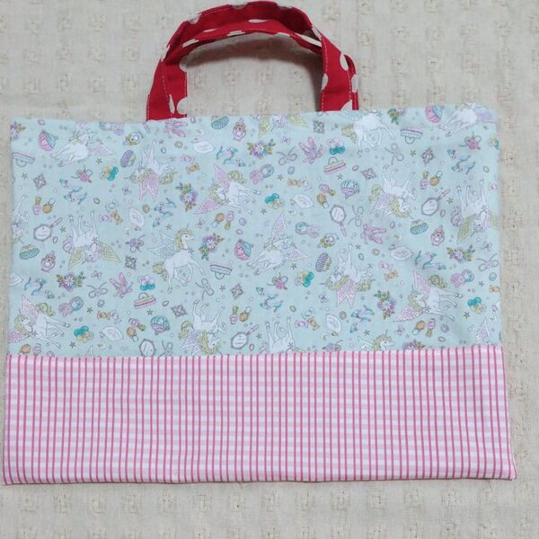 ハンドメイド レッスンバッグ 女の子 入園入学準備 ユニコーン柄 薄いグリーン