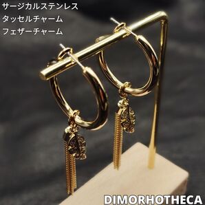 チャンキーフープ ステンレスピアス (フェザー付き) ハンドメイド 1点物