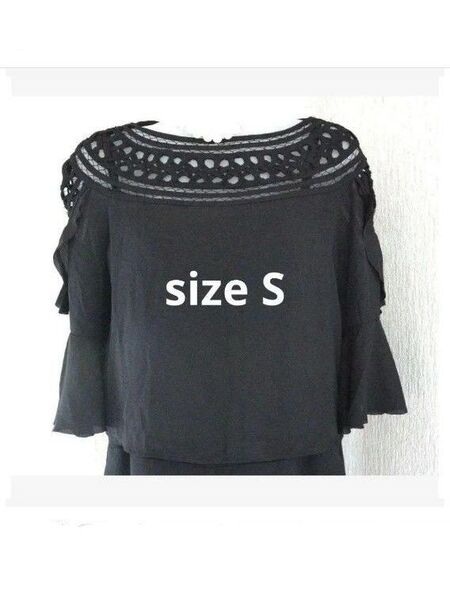 H&M レディースS シアーデコルテ シフォン ショート丈ブラウス 黒 半袖 カットソー 重ね着トップス シースルー