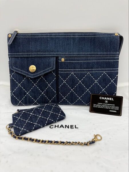 【超美品】CHANEL シャネル マトラッセ ココマーク デニム チェーンポーチ付き クラッチ バッグ
