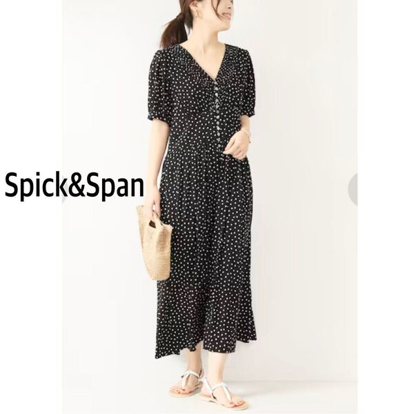 Spick & Span ドットVシャーリングドレス ロングワンピース 黒 ブラック 36