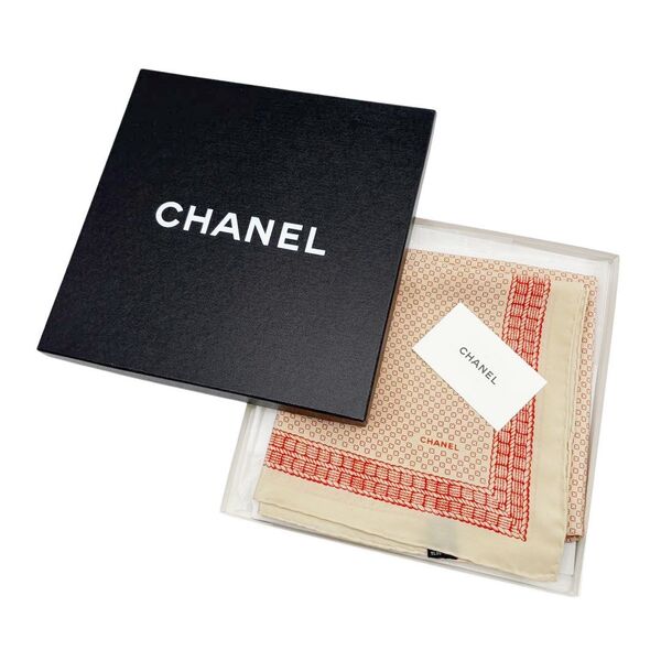 CHANEL シャネル スカーフ 小花文 花がら フラワー柄 シルク100% ベージュ レッド
