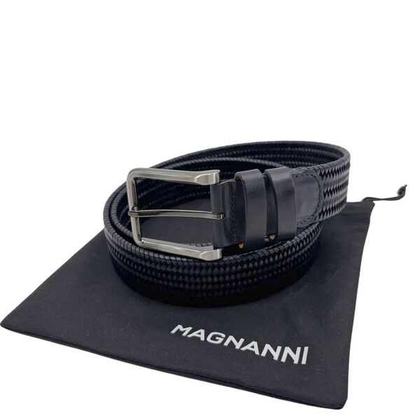 MAGNANNI マグナーニ メンズ 編み込み メッシュベルト レザー ダークネイビー/ガンメタシルバーバックル Sサイズ