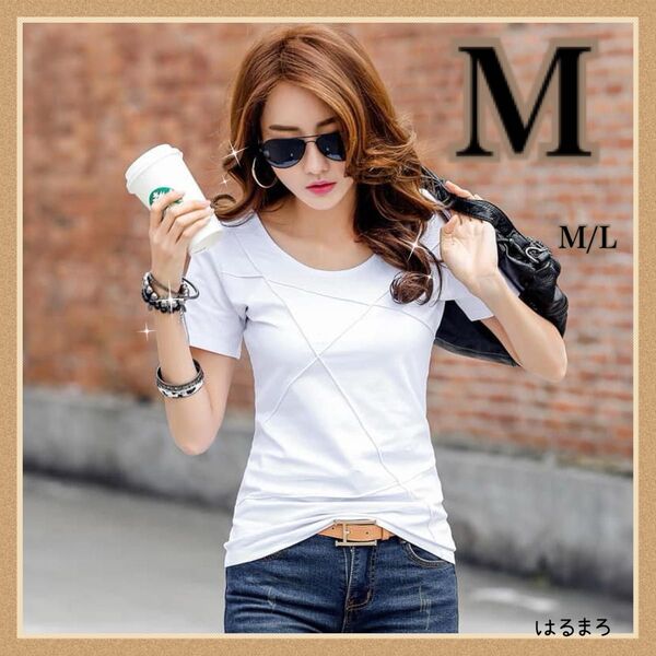 新品 レディース ホワイト M ラウンドネック トップス 半袖 Tシャツ カジュアル Gパン