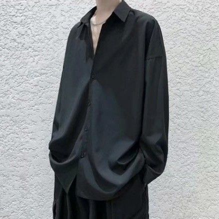 メンズ シャツ L長袖 黒ブラックオーバーサイズ 涼しめ とろみ 韓国