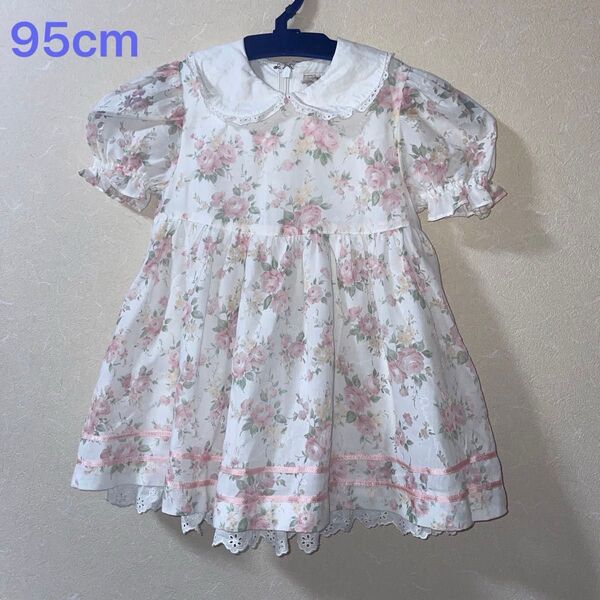 花柄ワンピース 95cm 女の子 ピンク 半袖 ドレス レトロ 半袖ワンピース 花柄