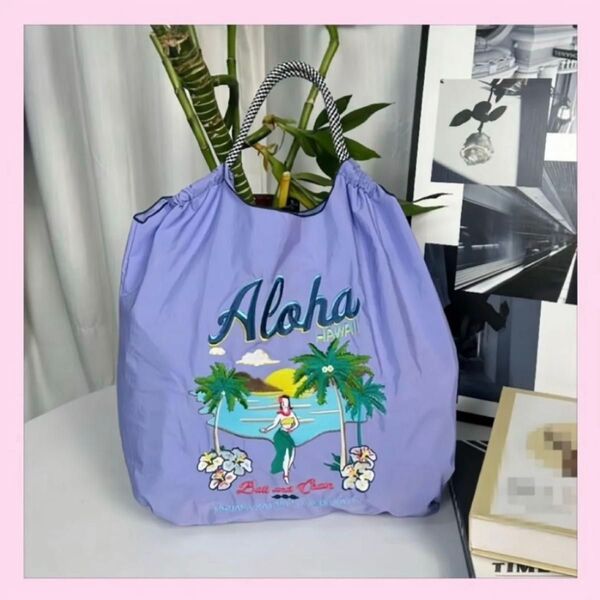 ボールアンドチェーン 刺繍 エコバッグ トートバッグ パープル ブルー ハワイ アロハ フラダンス おしゃれ