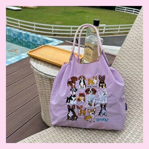 goodoy 刺繍トートバッグ エコバッグ 犬 パープル おしゃれ ボールアンドチェーン