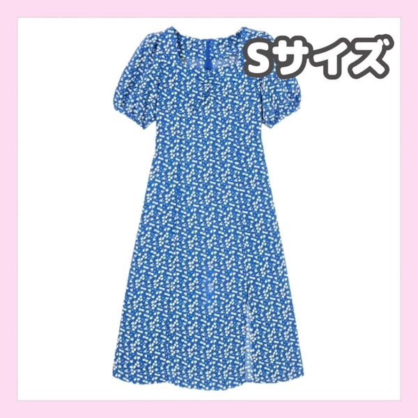 美品 GU フラワープリントスリット ワンピース 半袖 花柄 マキシ丈 ブルー 春夏 S