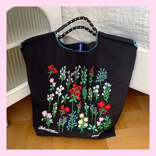 刺繍 エコバッグ トートバッグ 花柄 フラワー ブラック おしゃれ