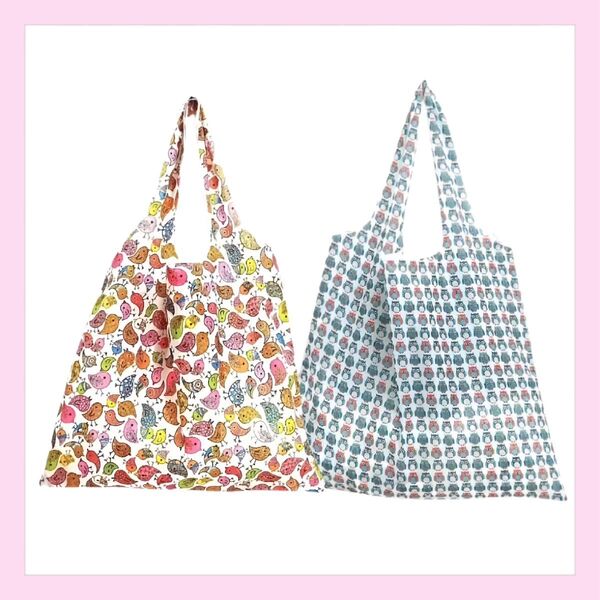 おしゃれ 軽量折りたたみエコバッグ2個セット 鳥 フクロウ ヒヨコ 北欧 プレゼント 買い物袋