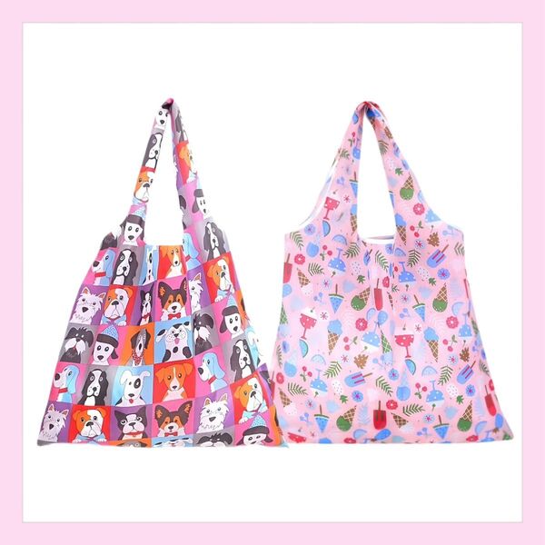 おしゃれ 軽量折りたたみエコバッグ2個セット 犬柄 アイスクリーム柄 ピンク 可愛い 買い物袋