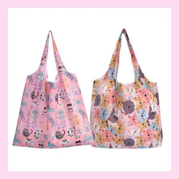 おしゃれ 軽量折りたたみエコバッグ2個セット ネコ柄 ピンク 可愛い 買い物袋